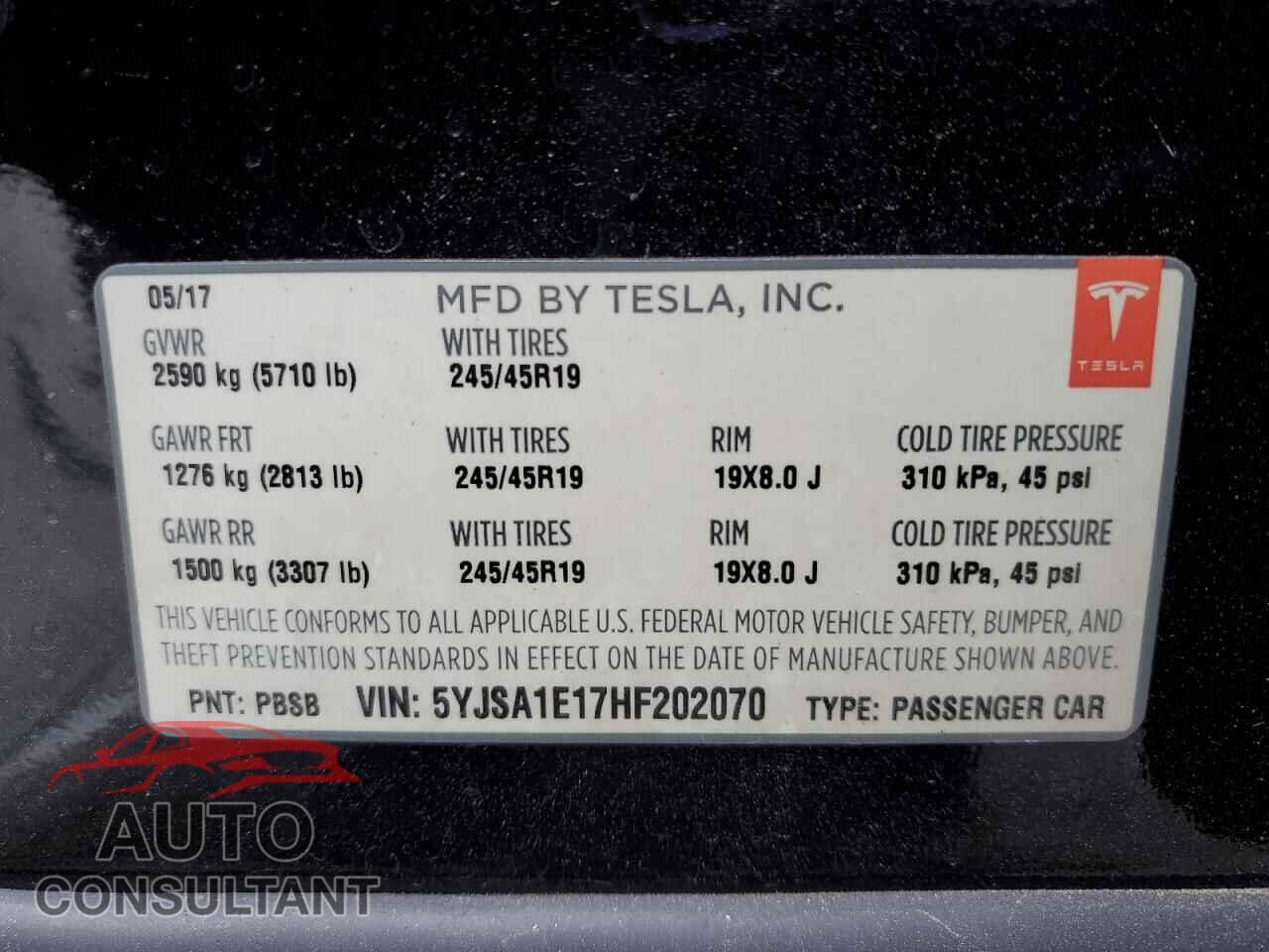 TESLA MODEL S 2017 - 5YJSA1E17HF202070