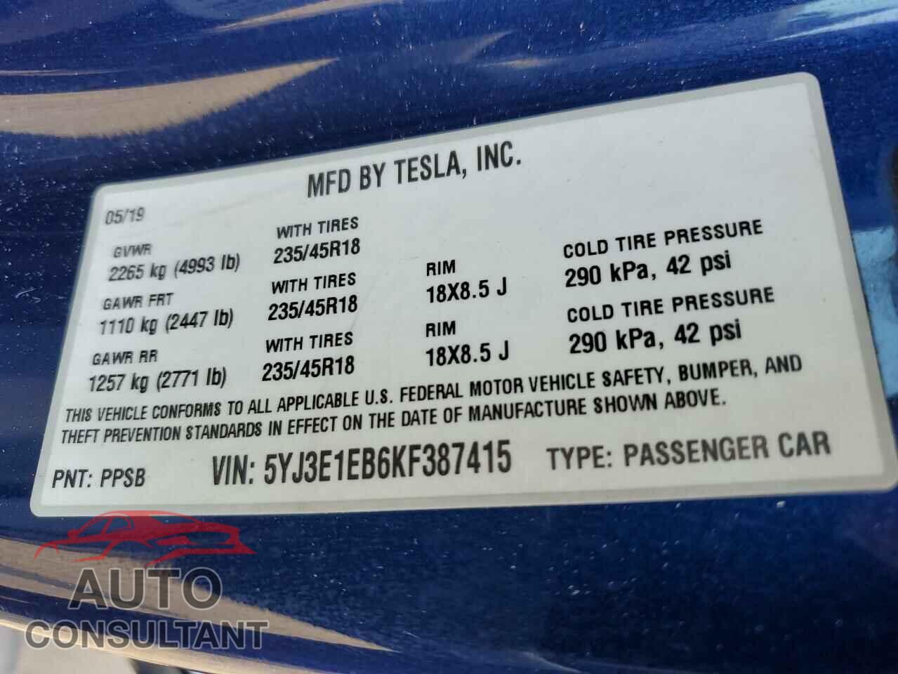 TESLA MODEL 3 2019 - 5YJ3E1EB6KF387415