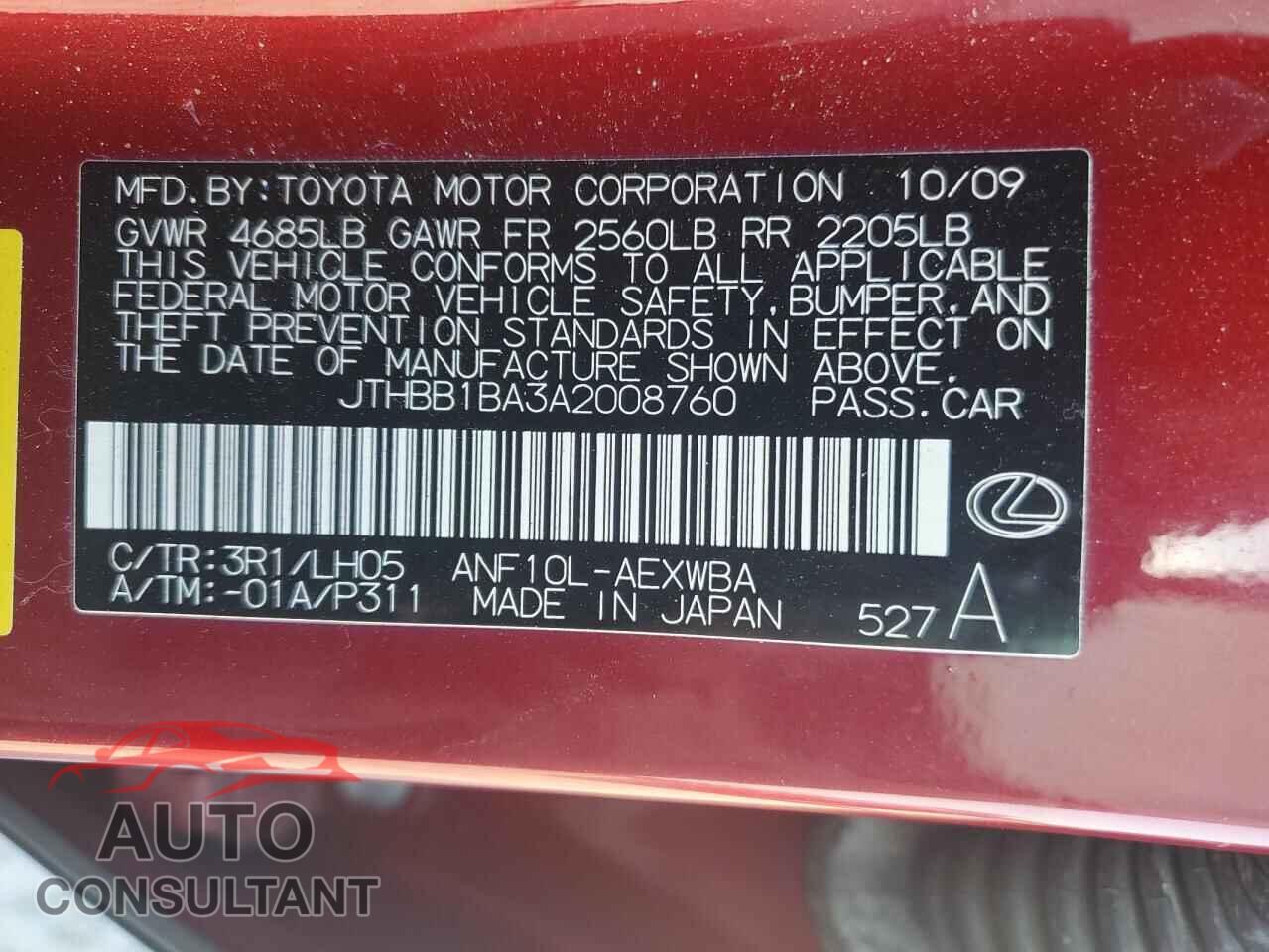 LEXUS HS 2010 - JTHBB1BA3A2008760