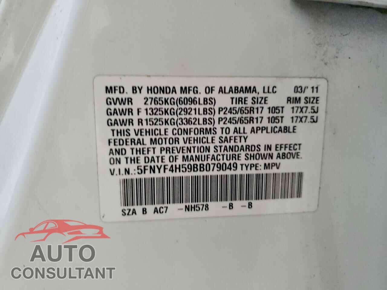 HONDA PILOT 2011 - 5FNYF4H59BB079049