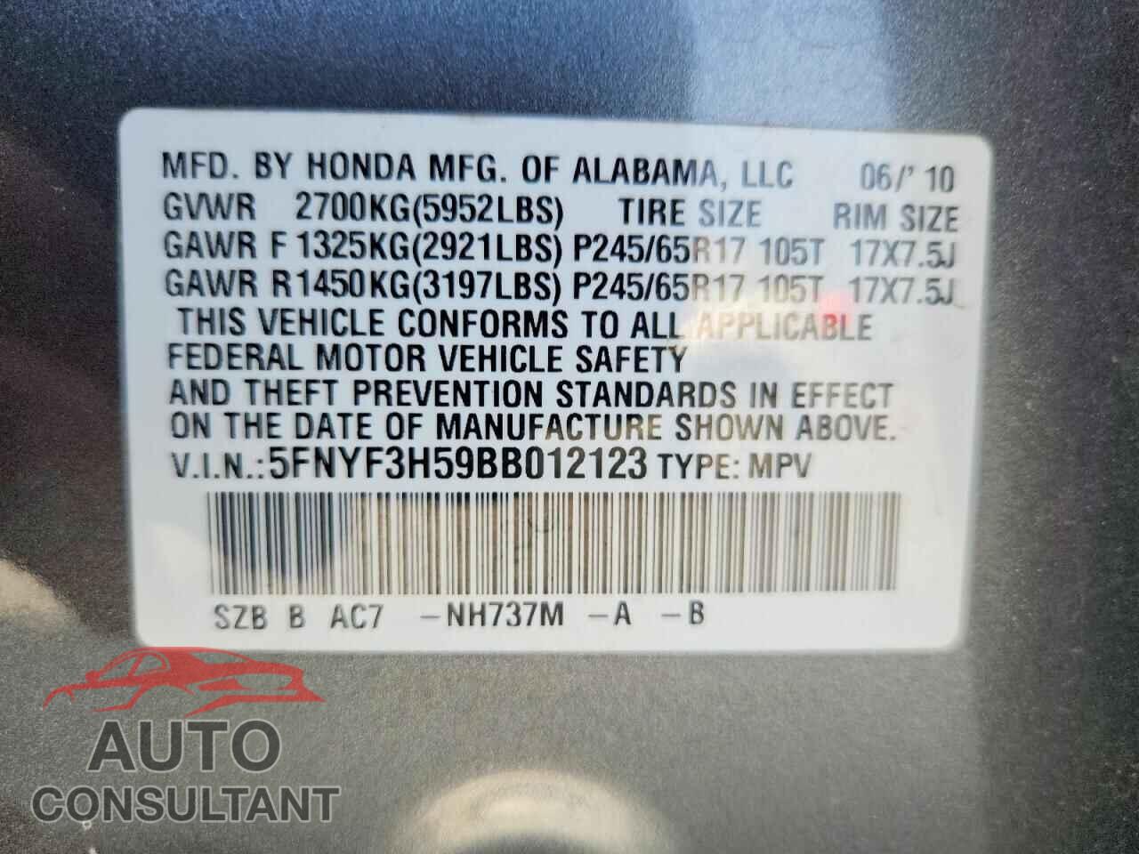 HONDA PILOT 2011 - 5FNYF3H59BB012123