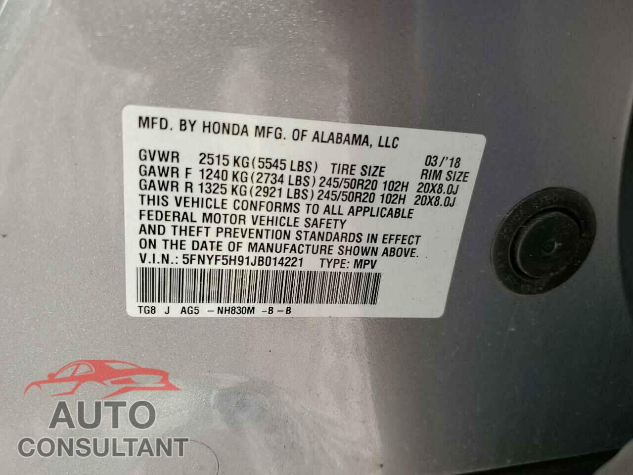 HONDA PILOT 2018 - 5FNYF5H91JB014221
