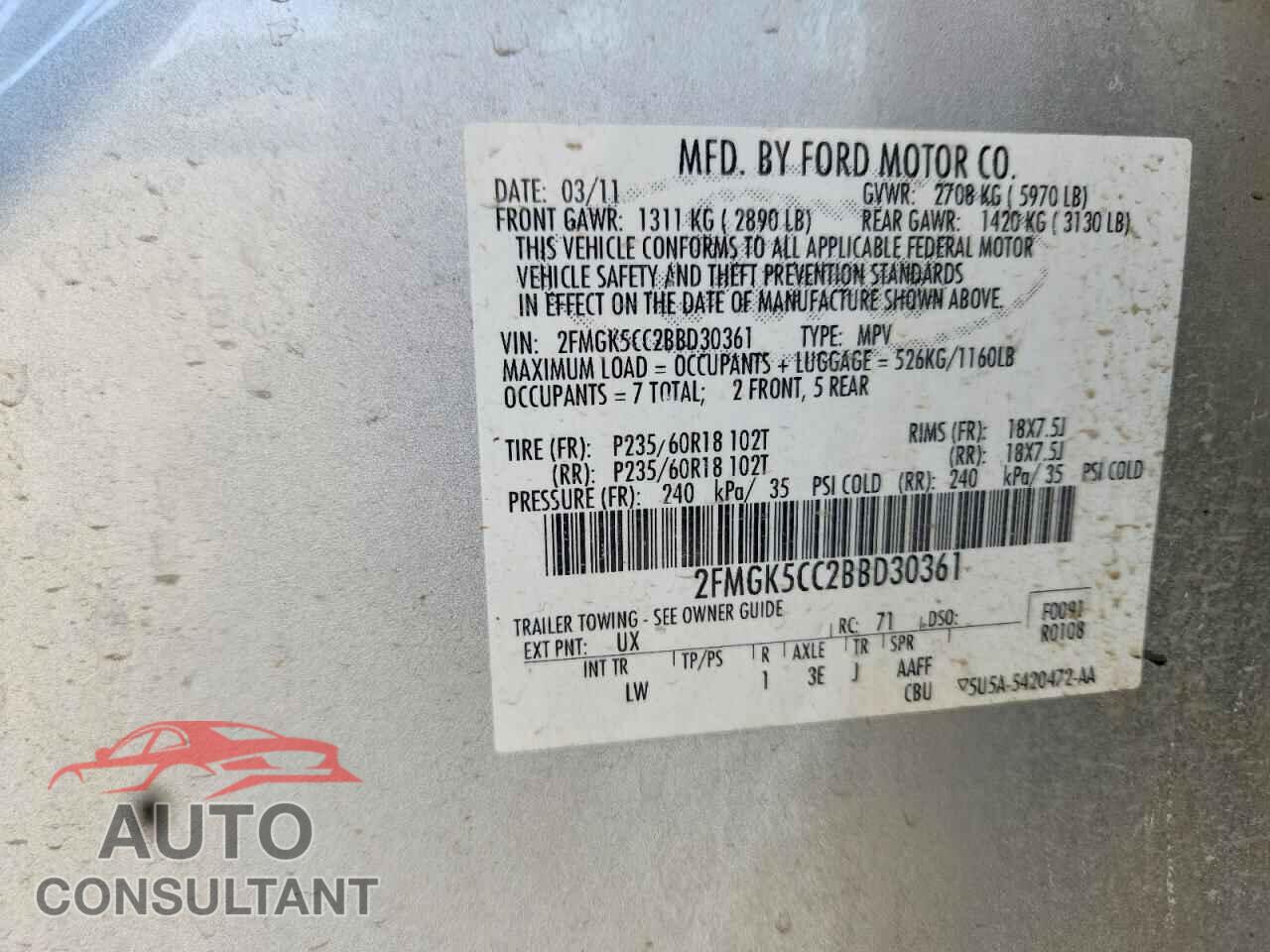 FORD FLEX 2011 - 2FMGK5CC2BBD30361