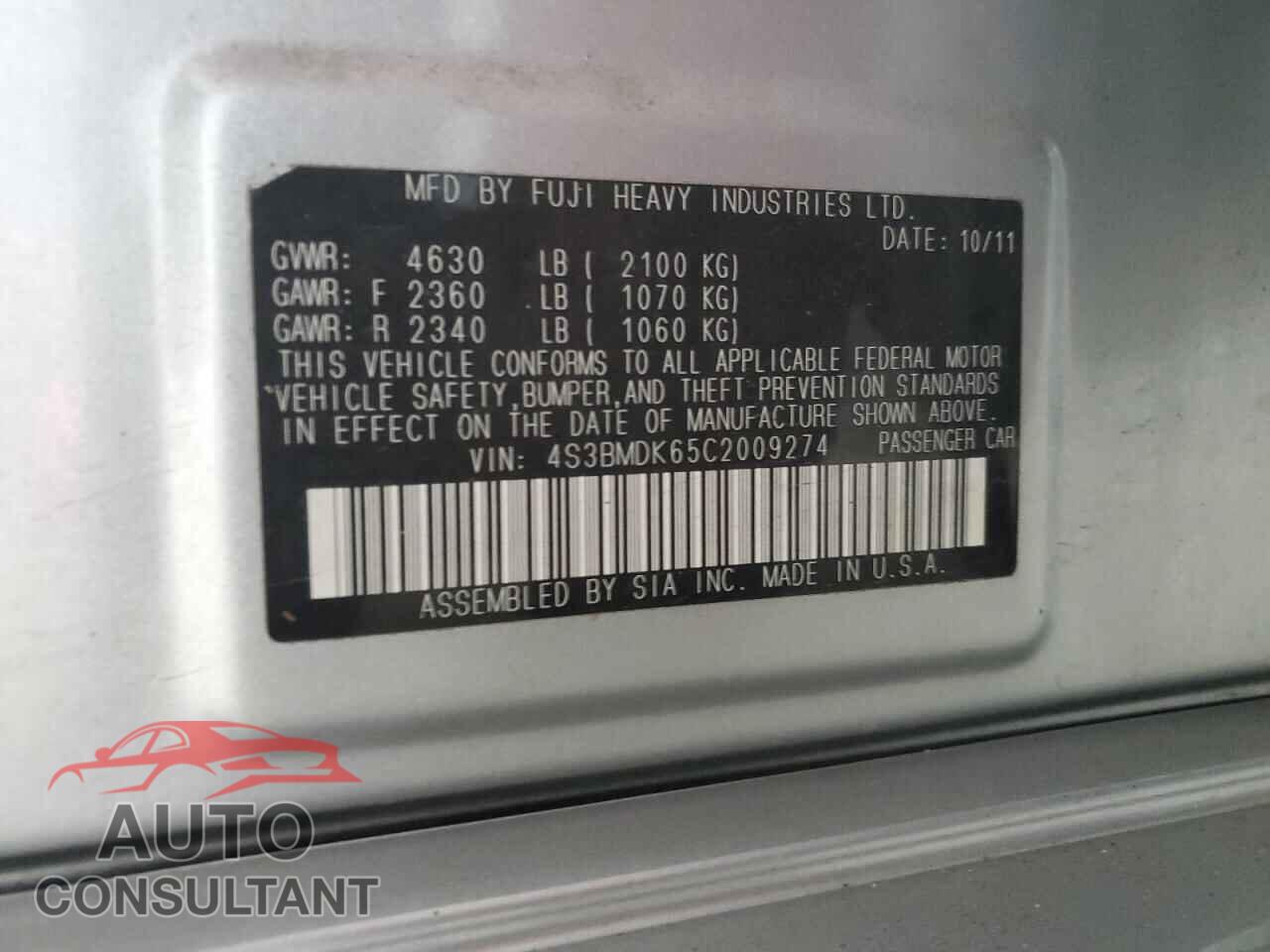 SUBARU LEGACY 2012 - 4S3BMDK65C2009274