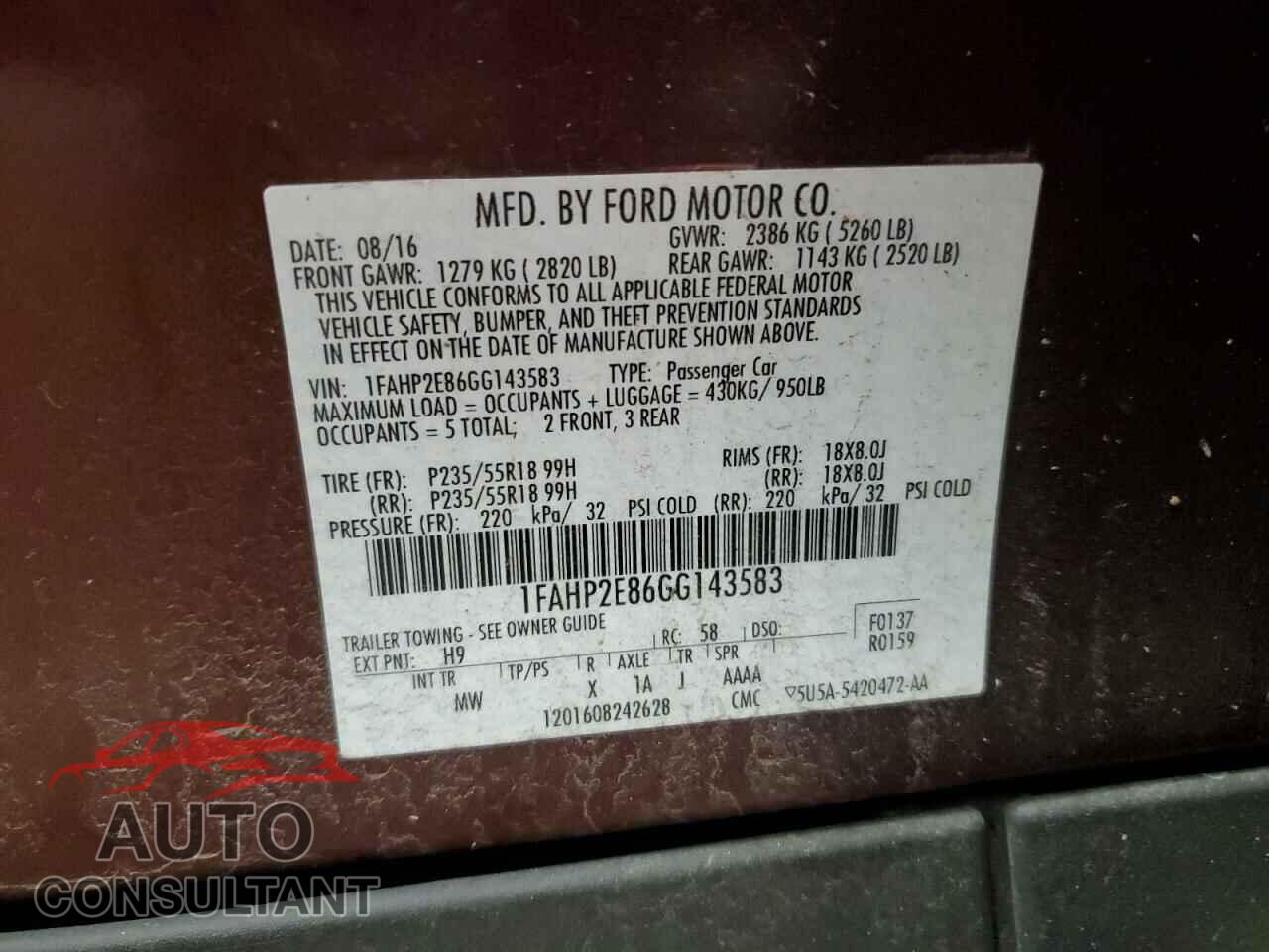 FORD TAURUS 2016 - 1FAHP2E86GG143583