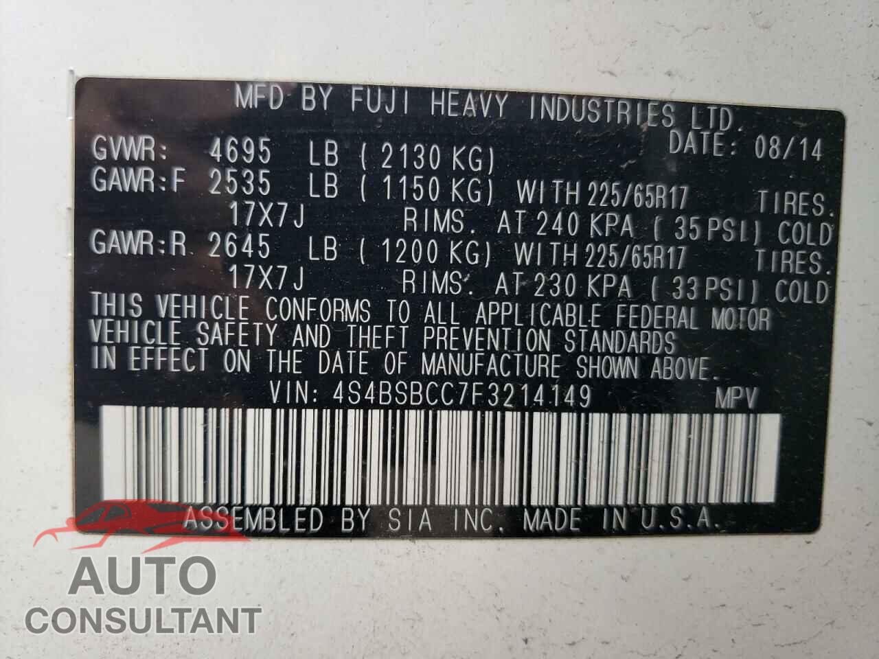 SUBARU OUTBACK 2015 - 4S4BSBCC7F3214149