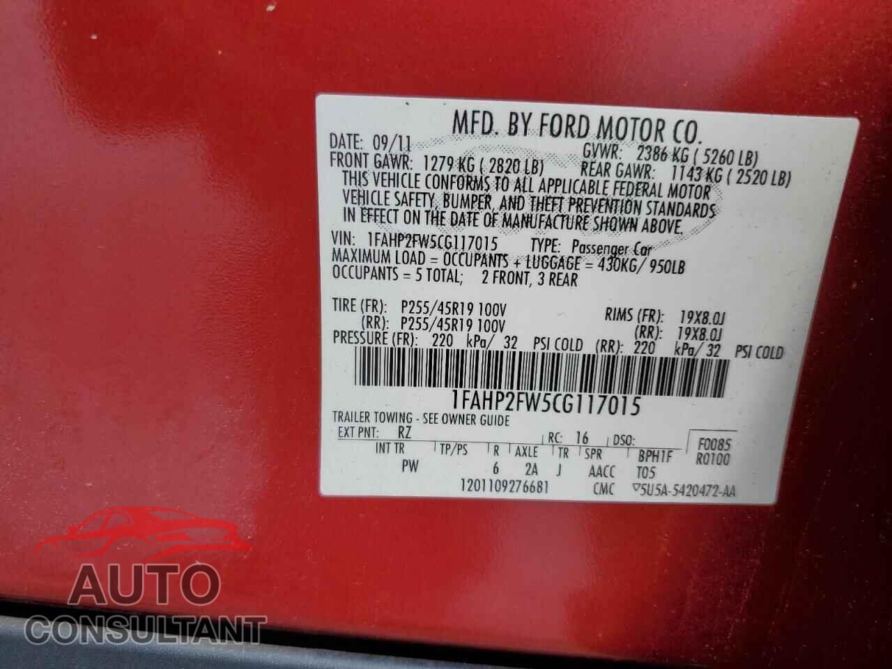 FORD TAURUS 2012 - 1FAHP2FW5CG117015