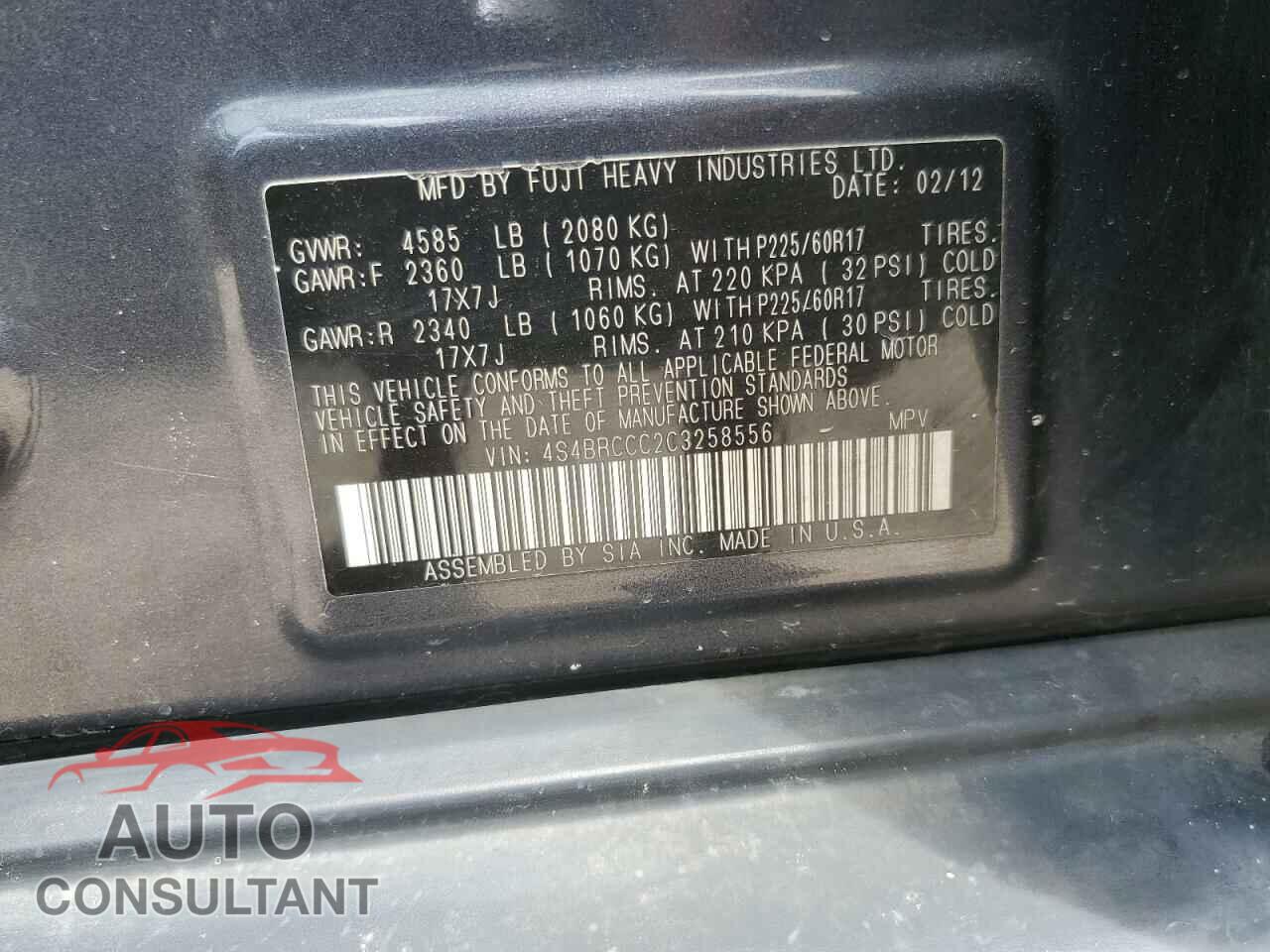 SUBARU OUTBACK 2012 - 4S4BRCCC2C3258556