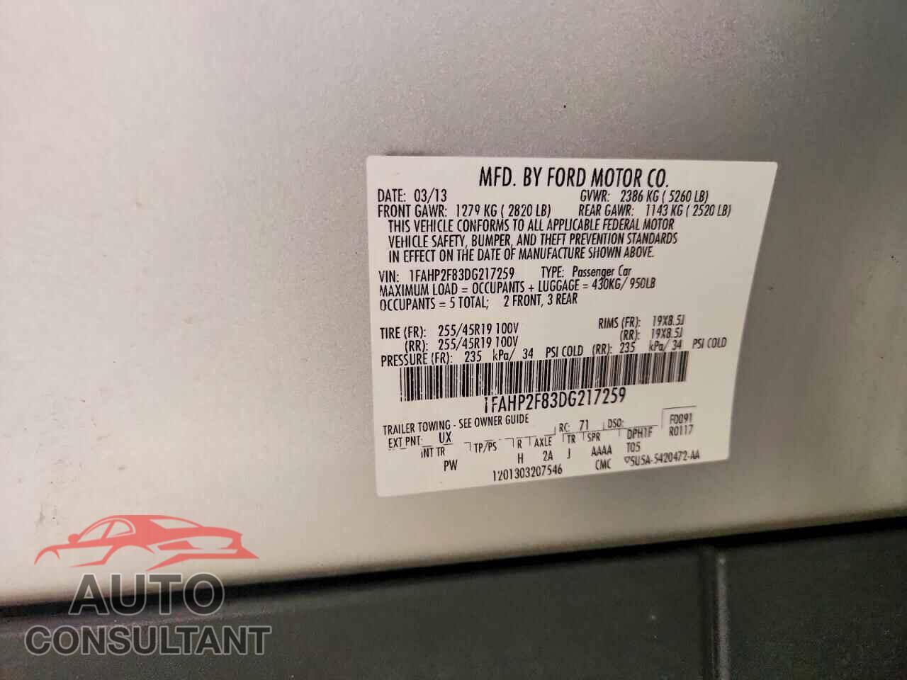 FORD TAURUS 2013 - 1FAHP2F83DG217259