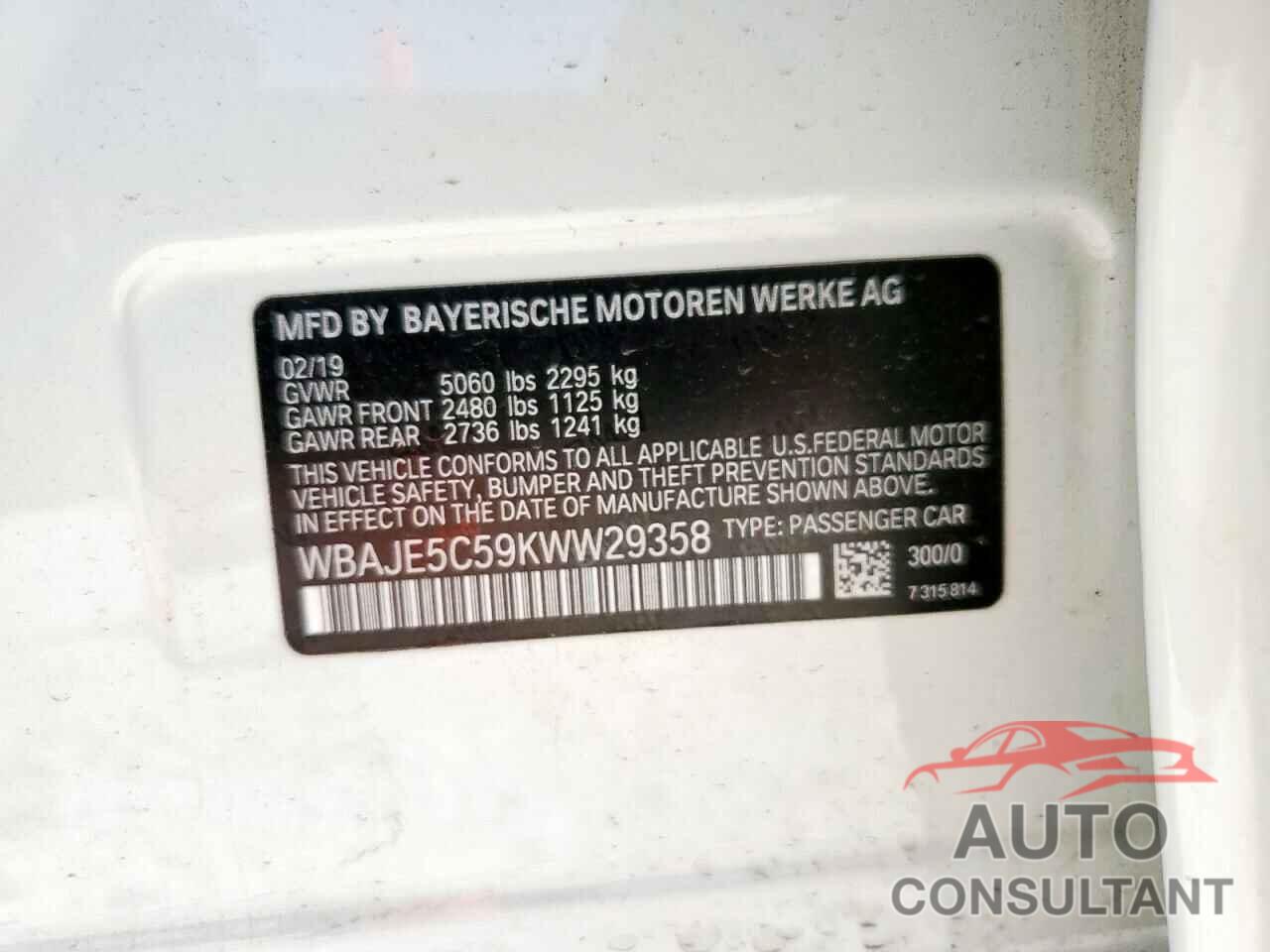BMW 5 SERIES 2019 - WBAJE5C59KWW29358