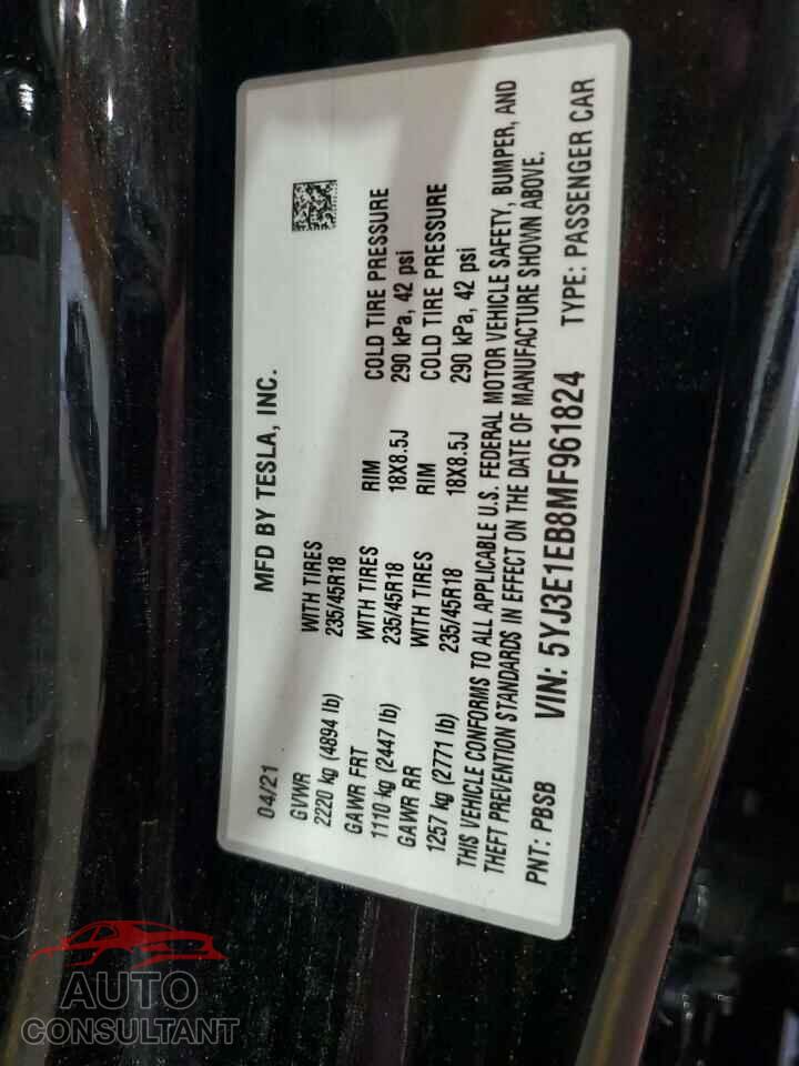 TESLA MODEL 3 2021 - 5YJ3E1EB8MF961824