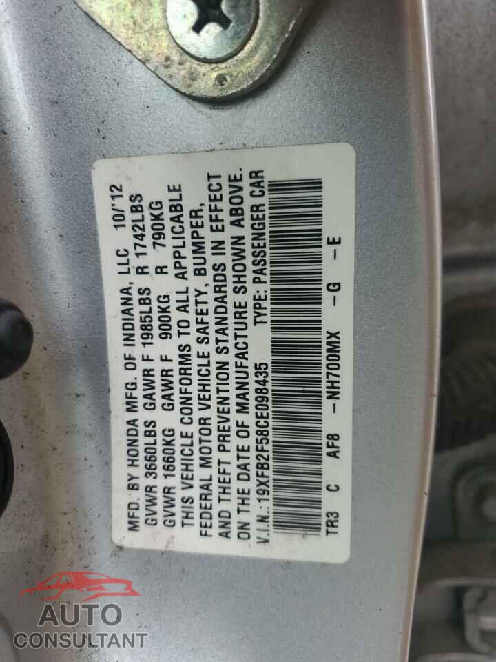 HONDA CIVIC 2012 - 19XFB2F58CE098435