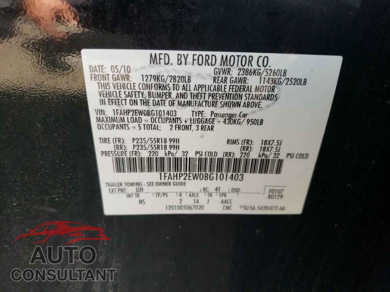 FORD TAURUS 2011 - 1FAHP2EW0BG101403
