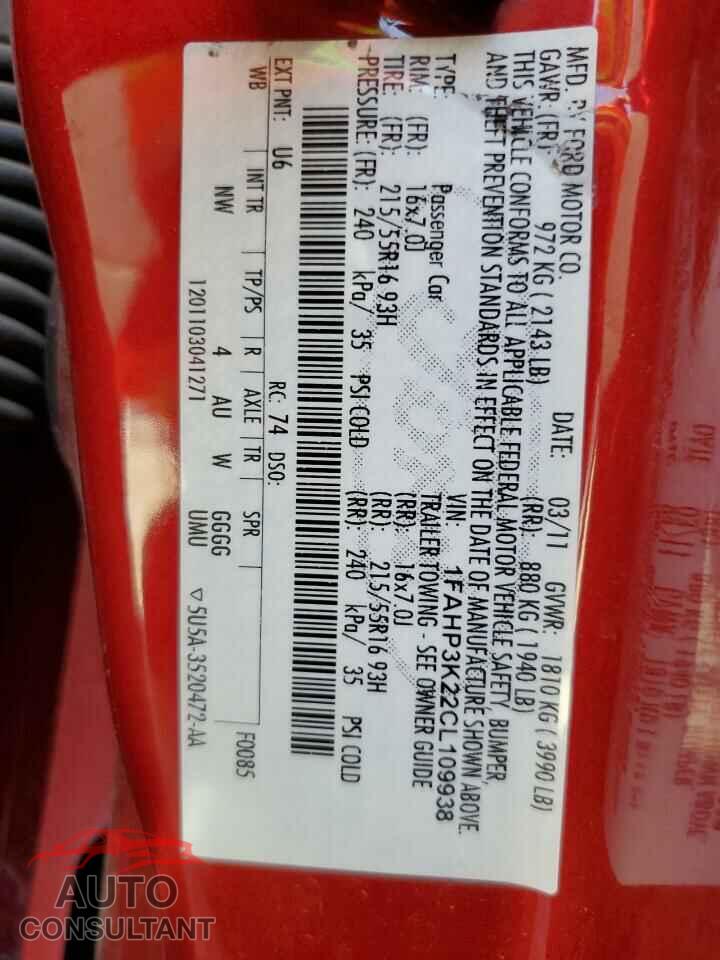 FORD FOCUS 2012 - 1FAHP3K22CL109938