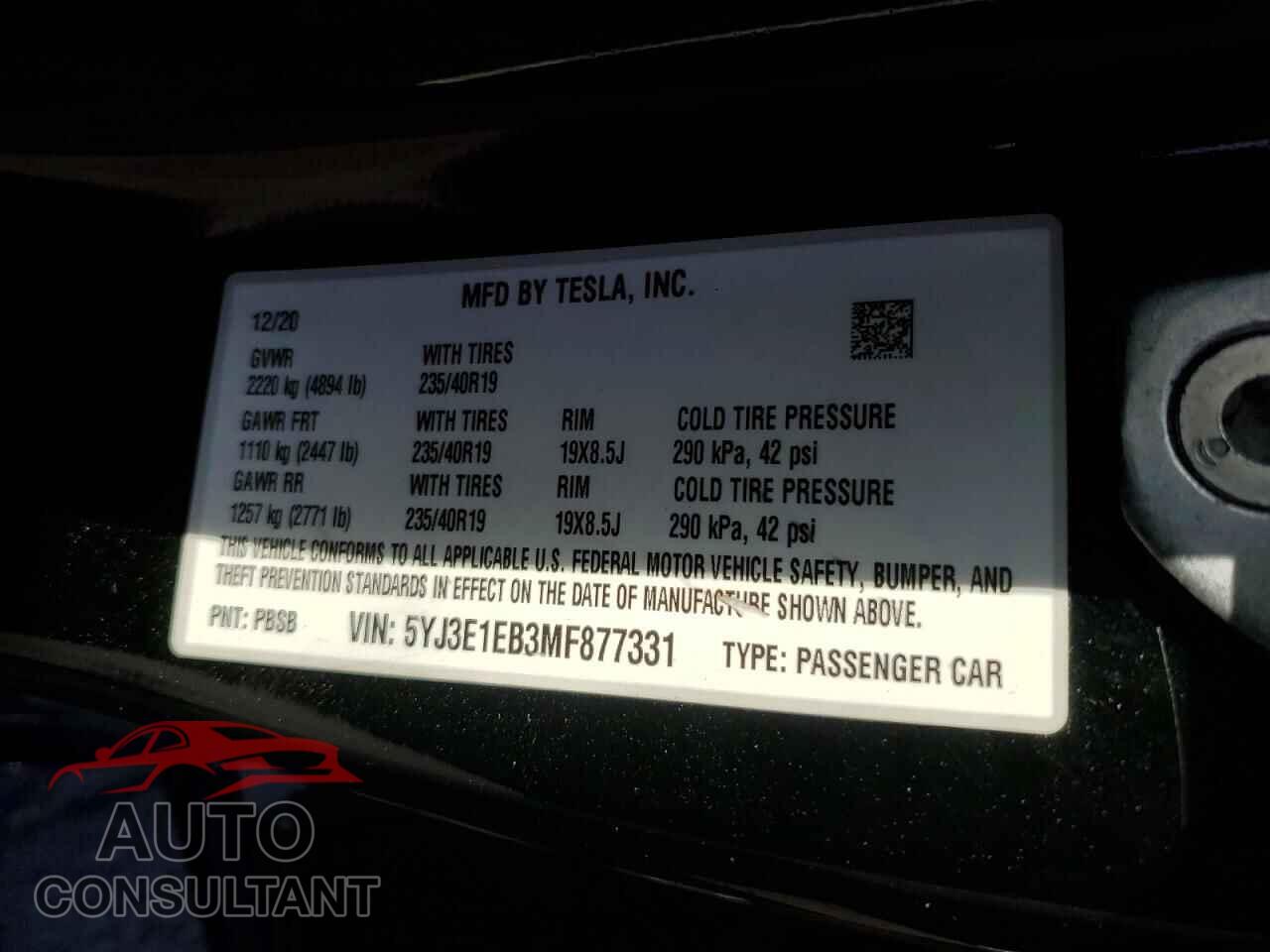 TESLA MODEL 3 2021 - 5YJ3E1EB3MF877331