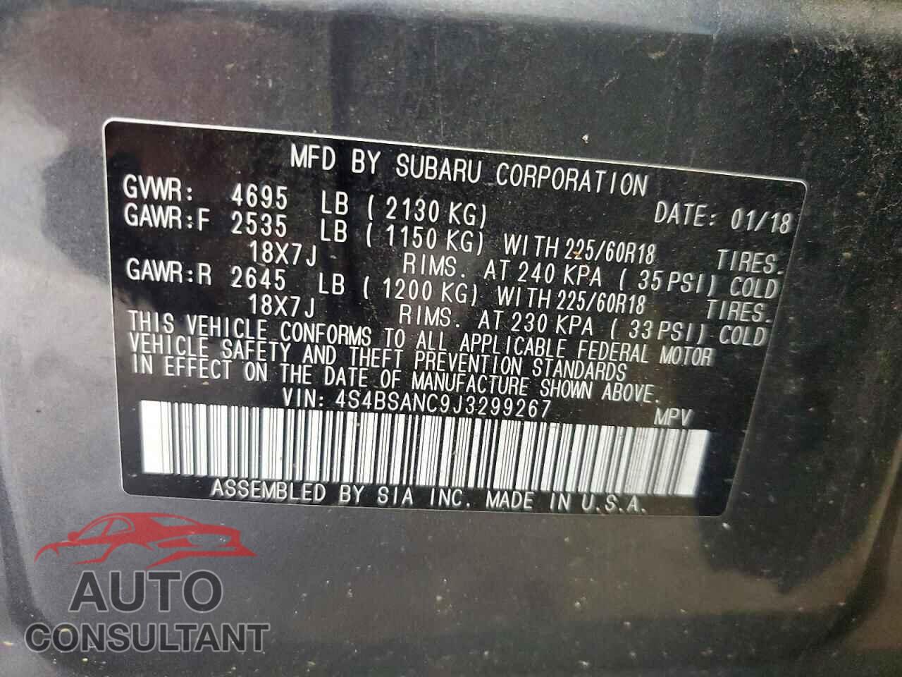 SUBARU OUTBACK 2018 - 4S4BSANC9J3299267
