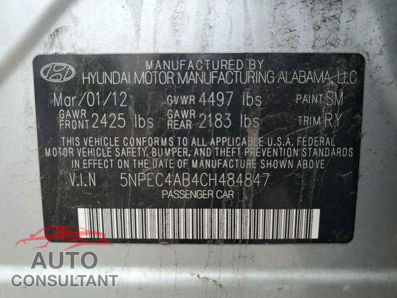 HYUNDAI SONATA 2012 - 5NPEC4AB4CH484847