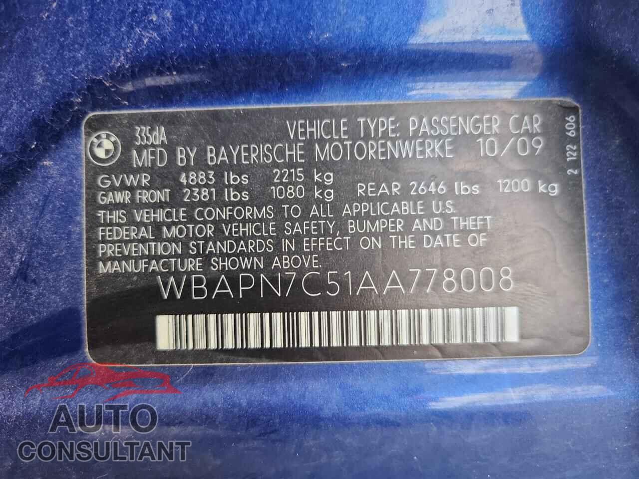 BMW 3 SERIES 2010 - WBAPN7C51AA778008