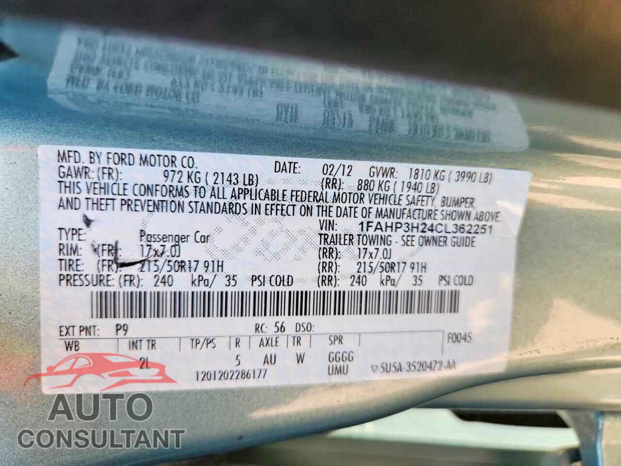 FORD FOCUS 2012 - 1FAHP3H24CL362251