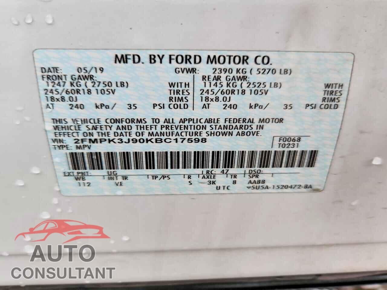 FORD EDGE 2019 - 2FMPK3J90KBC17598