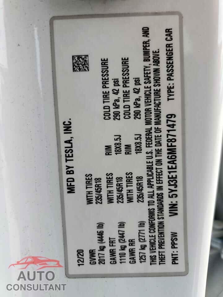 TESLA MODEL 3 2021 - 5YJ3E1EA6MF871479