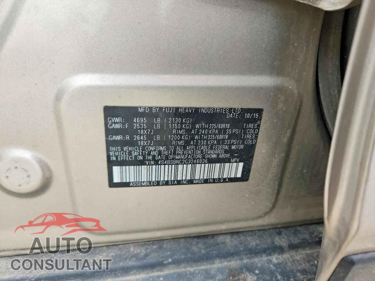 SUBARU OUTBACK 2016 - 4S4BSBNC2G3246036