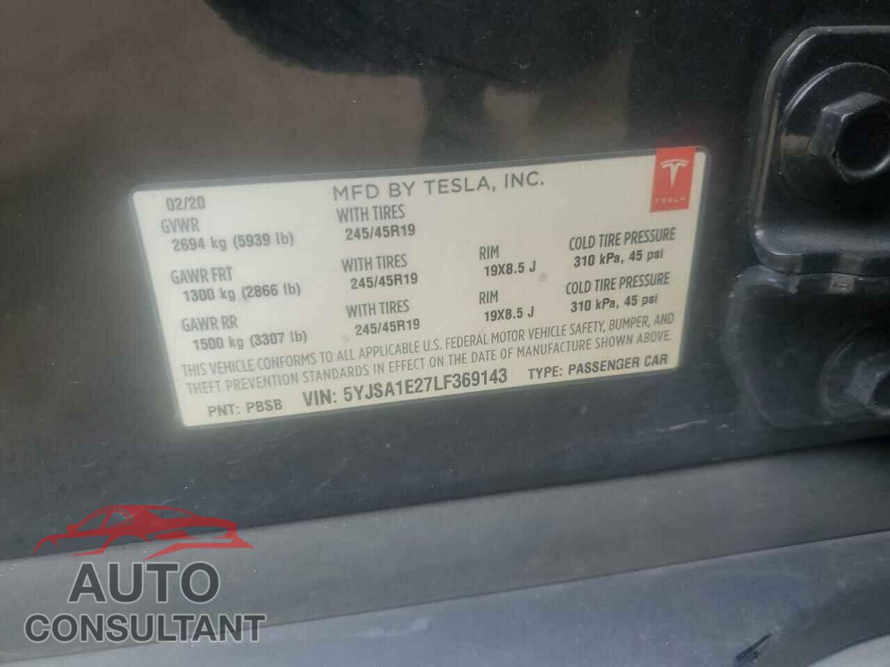 TESLA MODEL S 2020 - 5YJSA1E27LF369143