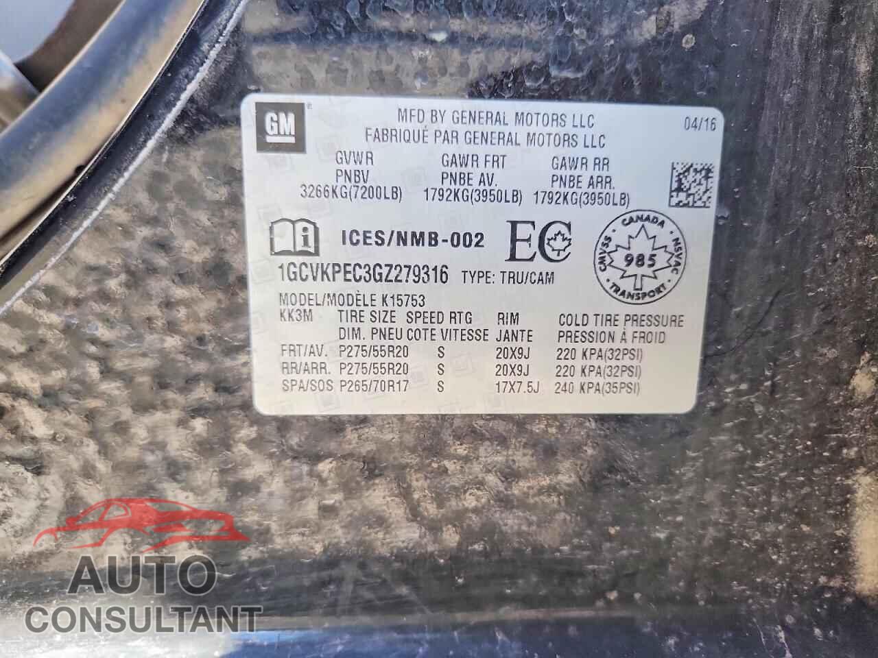 CHEVROLET SILVERADO 2016 - 1GCVKPEC3GZ279316