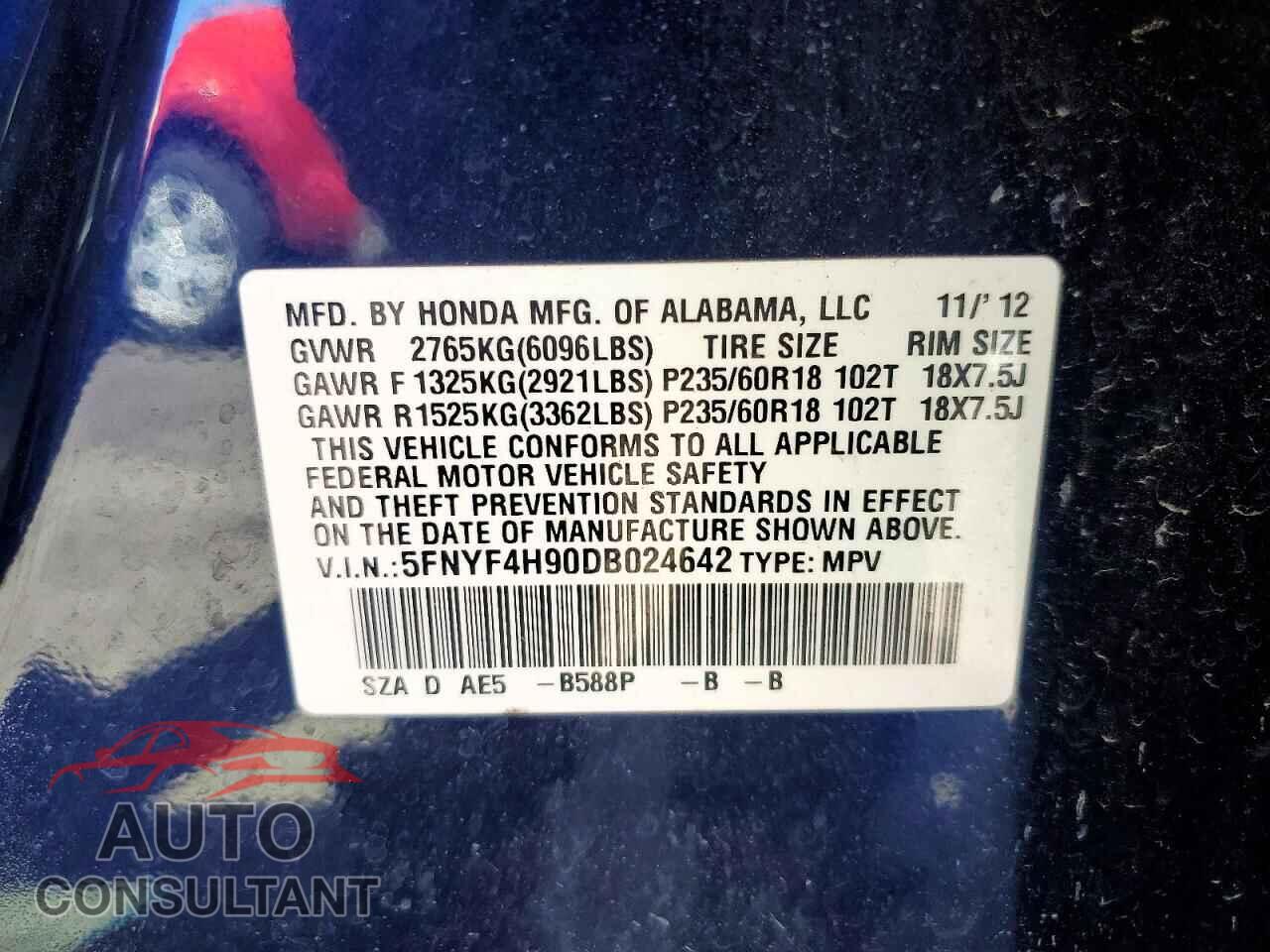 HONDA PILOT 2013 - 5FNYF4H90DB024642