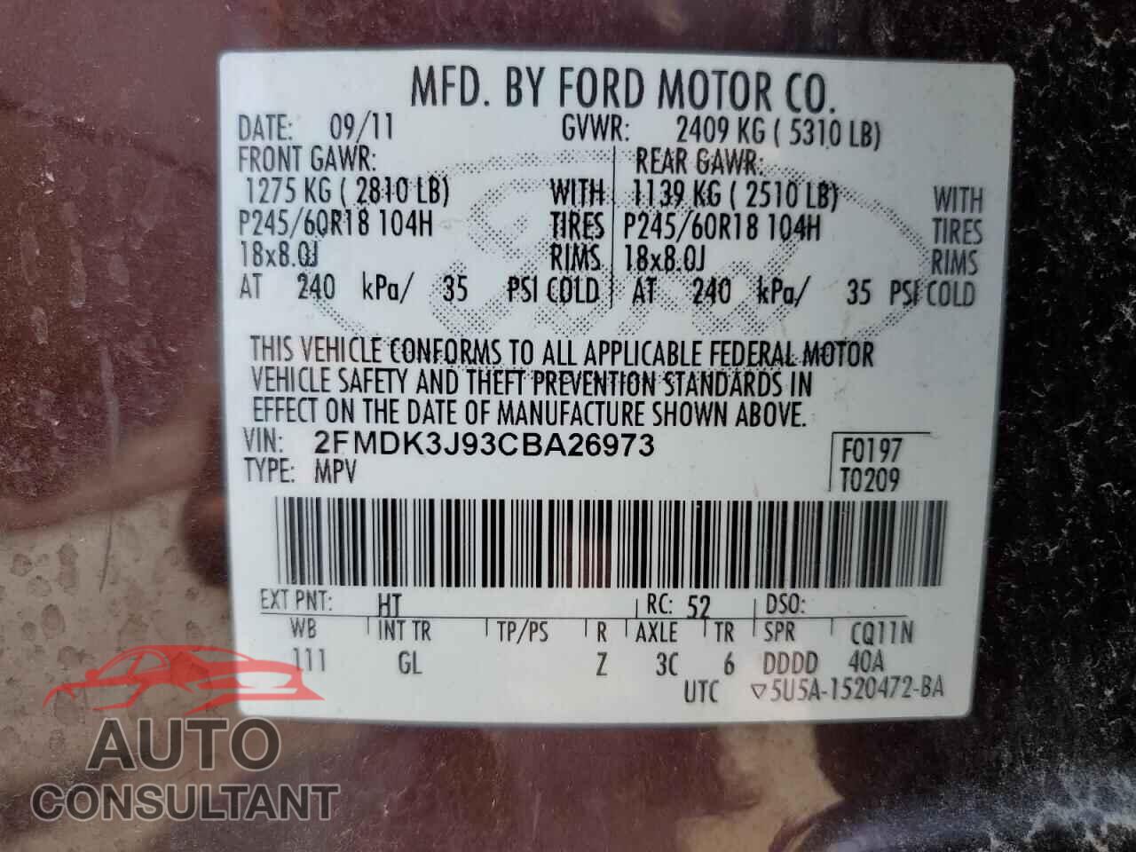 FORD EDGE 2012 - 2FMDK3J93CBA26973