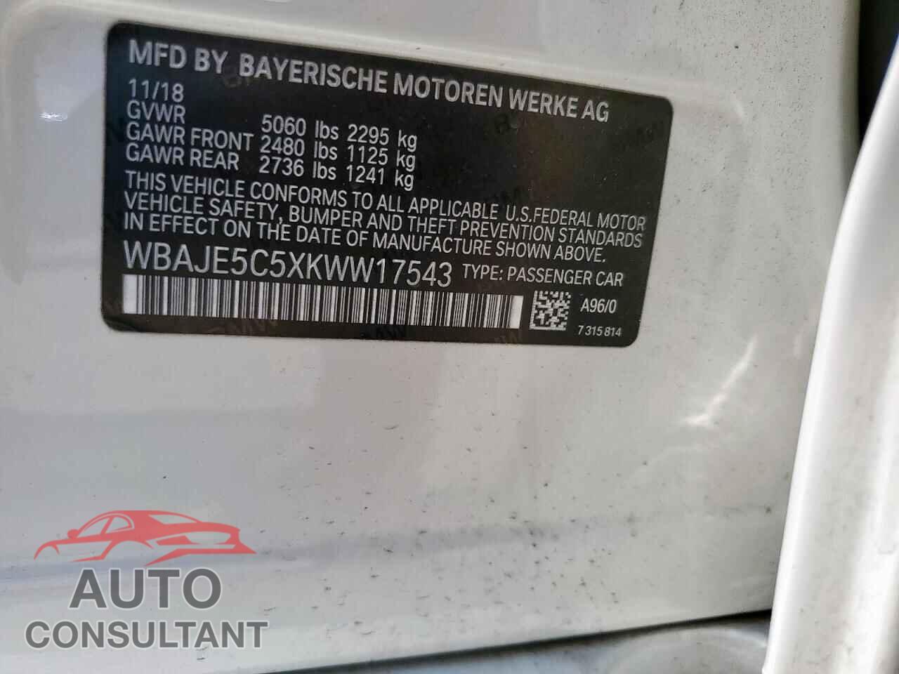 BMW 5 SERIES 2019 - WBAJE5C5XKWW17543