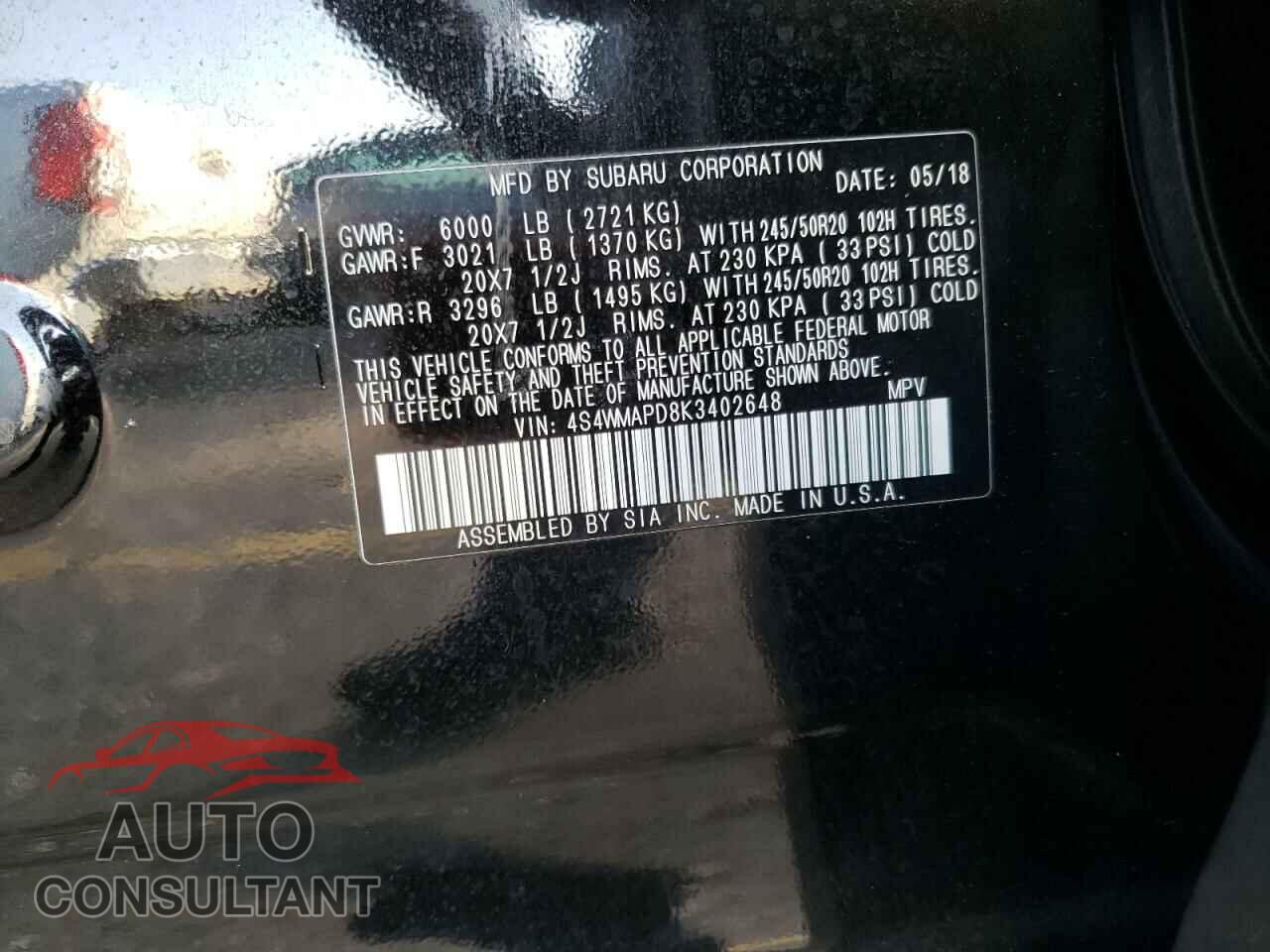SUBARU ASCENT 2019 - 4S4WMAPD8K3402648