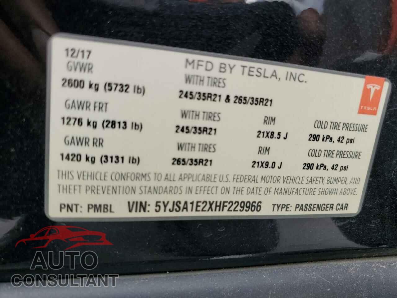 TESLA MODEL S 2017 - 5YJSA1E2XHF229966