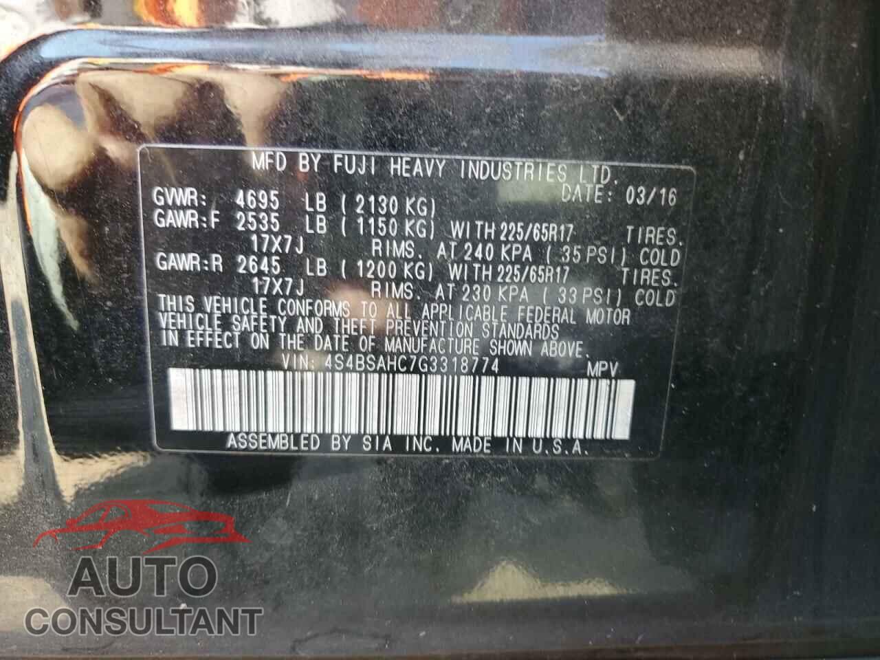 SUBARU OUTBACK 2016 - 4S4BSAHC7G3318774