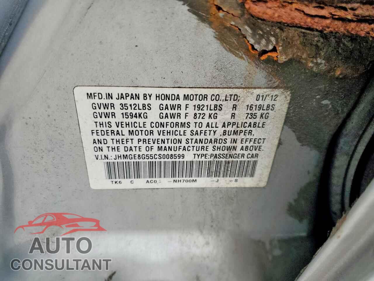 HONDA FIT 2012 - JHMGE8G55CS008599