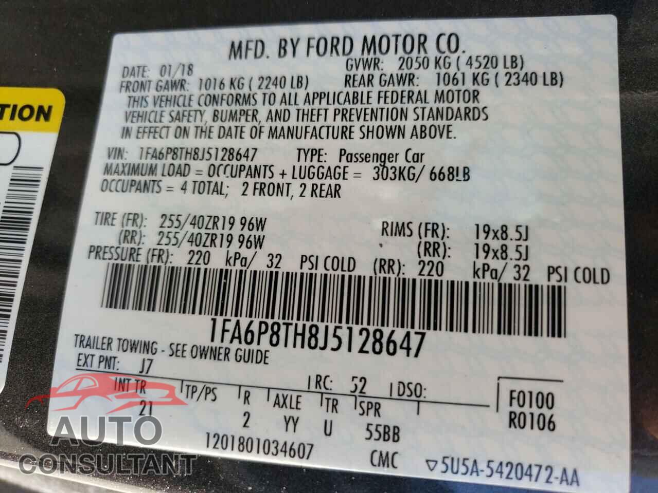 FORD MUSTANG 2018 - 1FA6P8TH8J5128647