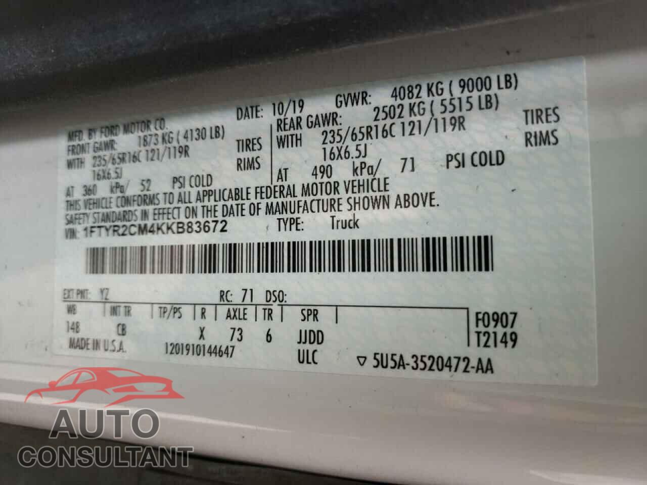 FORD TRANSIT 2019 - 1FTYR2CM4KKB83672