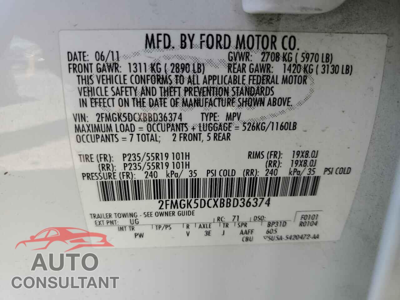 FORD FLEX 2011 - 2FMGK5DCXBBD36374