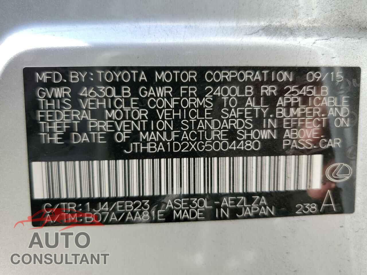 LEXUS IS 2016 - JTHBA1D2XG5004480