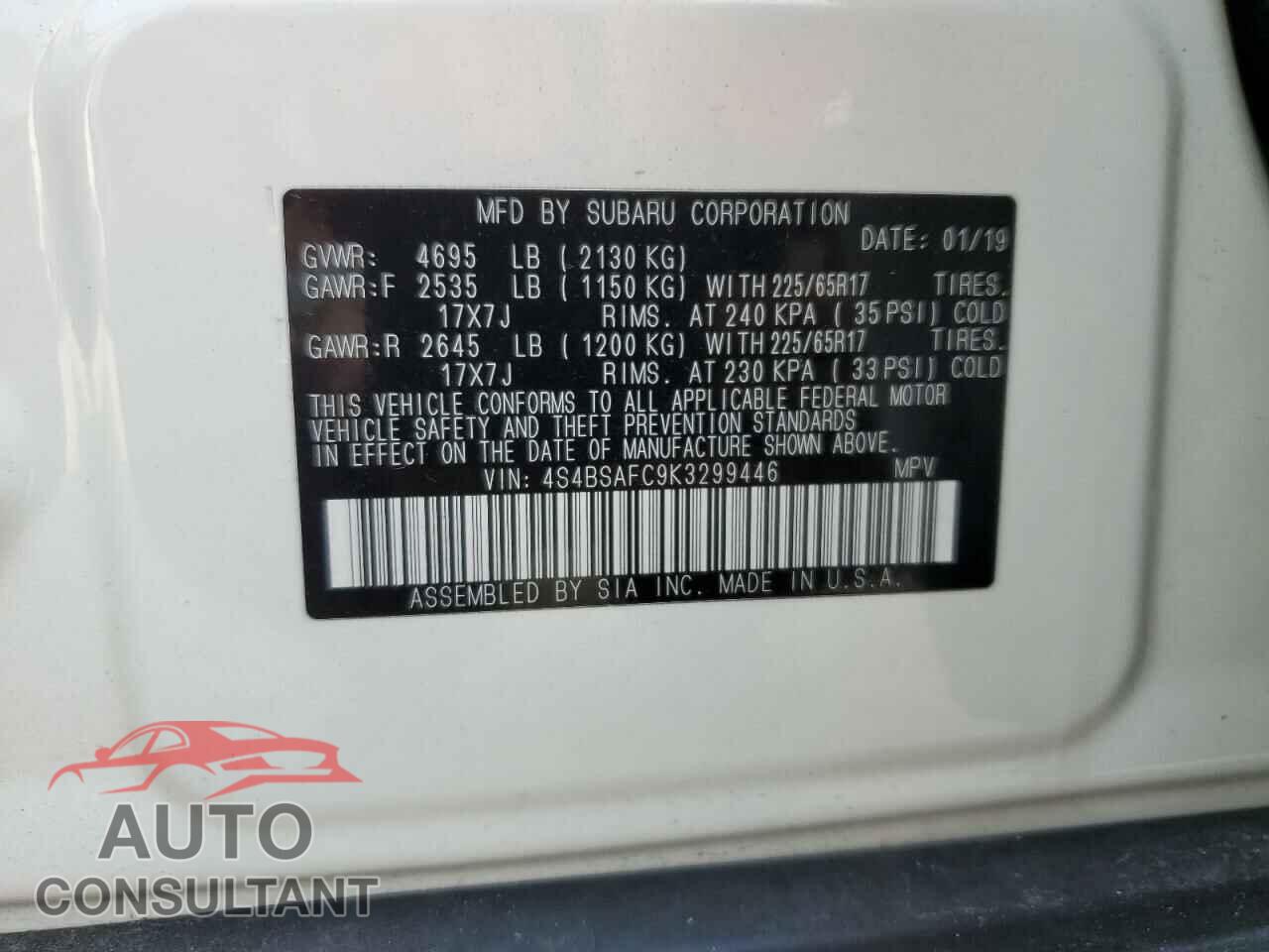 SUBARU OUTBACK 2019 - 4S4BSAFC9K3299446