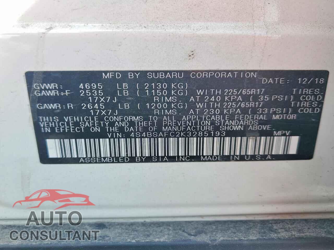 SUBARU OUTBACK 2019 - 4S4BSAFC2K3285193