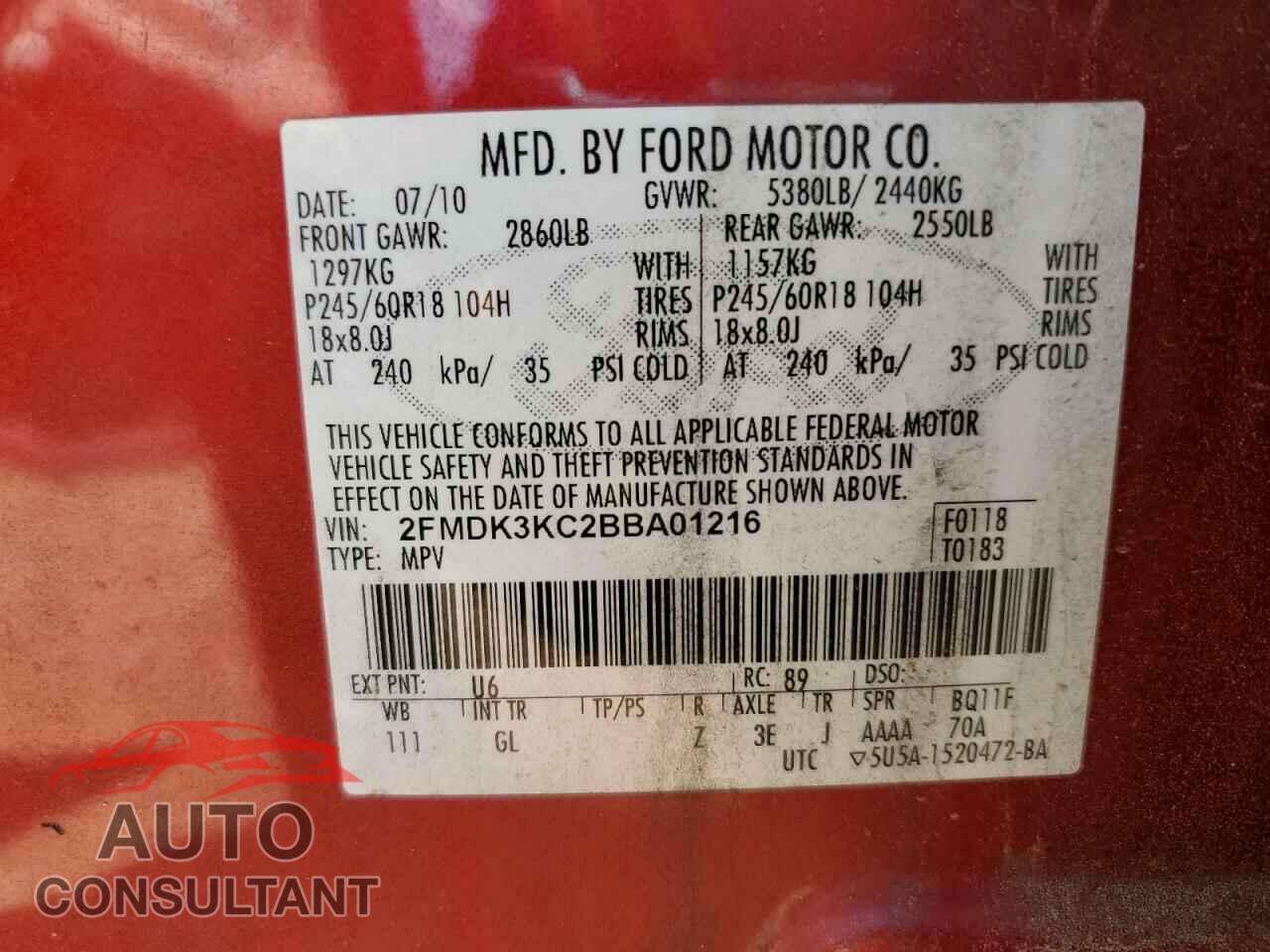 FORD EDGE 2011 - 2FMDK3KC2BBA01216