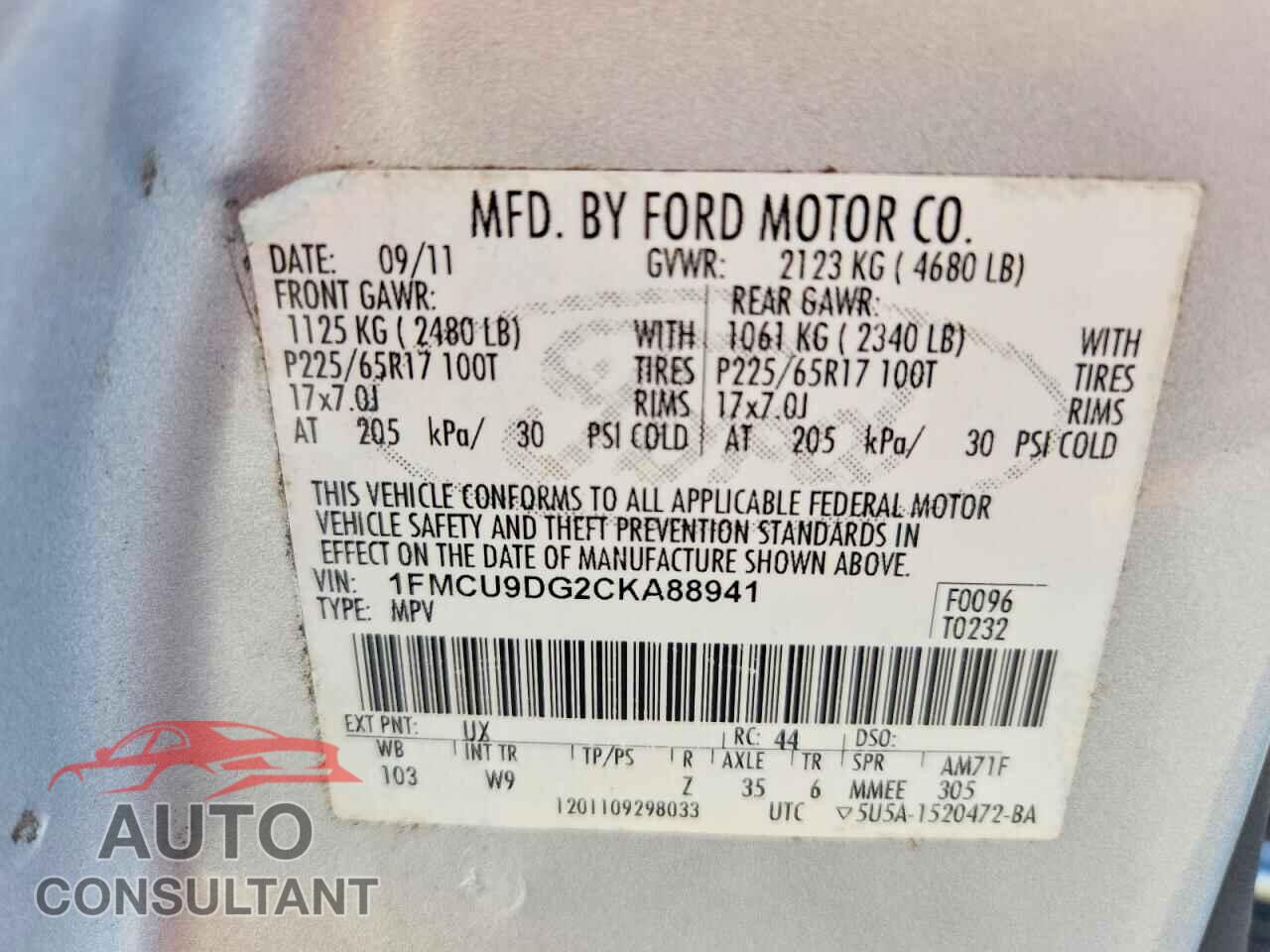 FORD ESCAPE 2012 - 1FMCU9DG2CKA88941