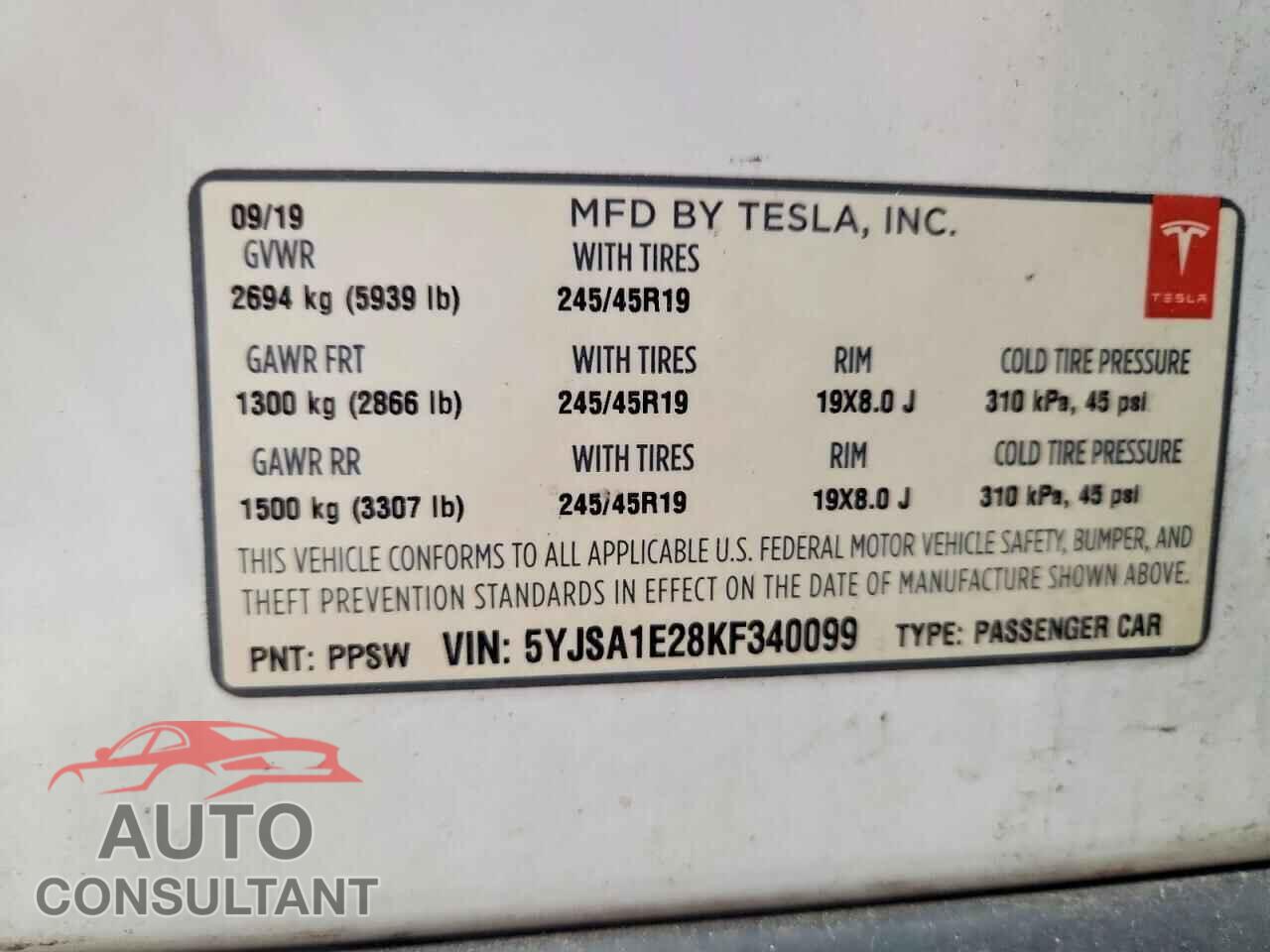 TESLA MODEL S 2019 - 5YJSA1E28KF340099