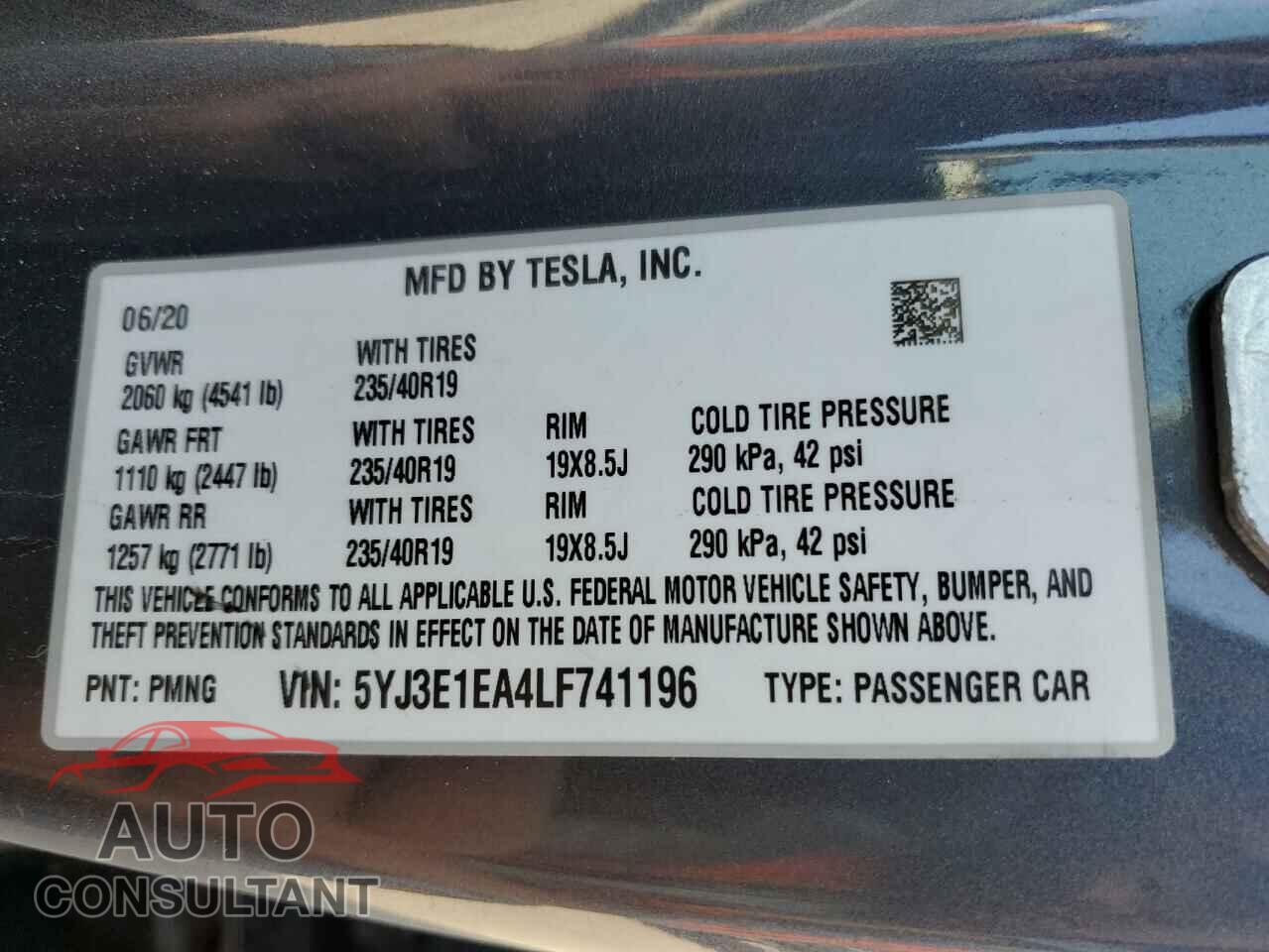 TESLA MODEL 3 2020 - 5YJ3E1EA4LF741196