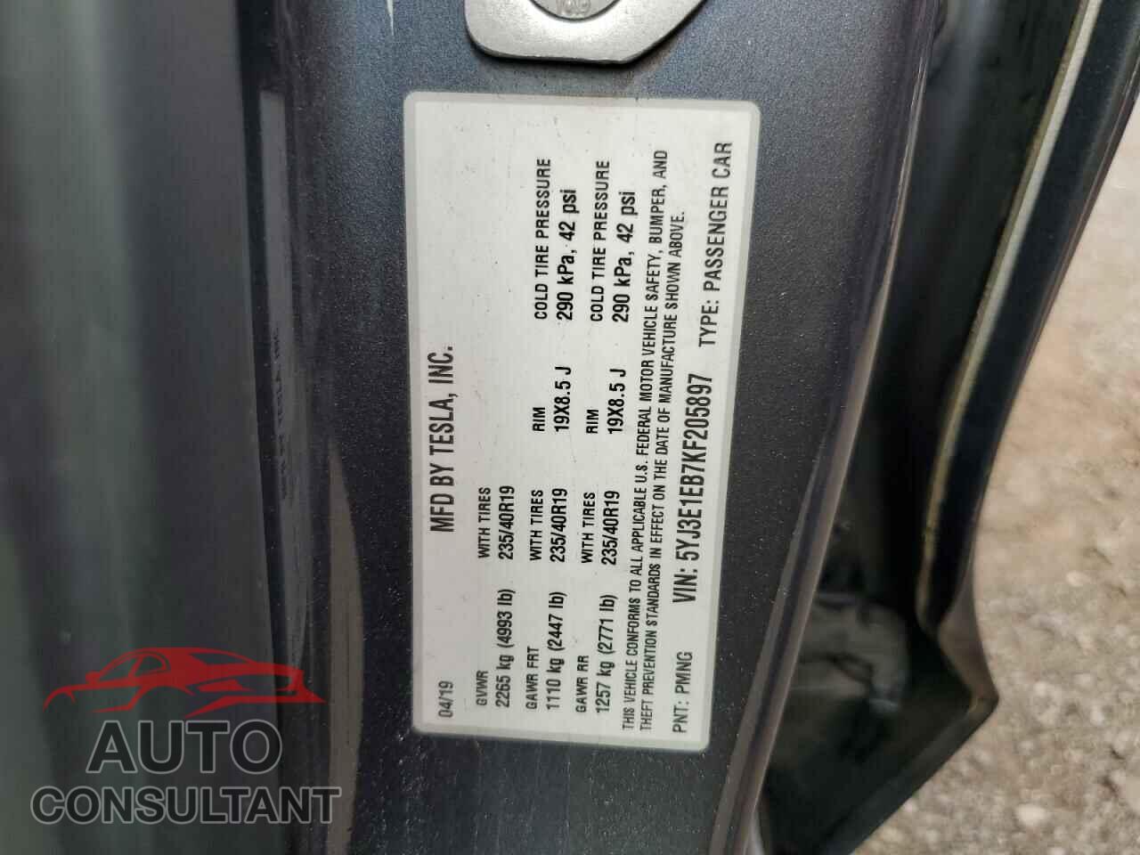 TESLA MODEL 3 2019 - 5YJ3E1EB7KF205897