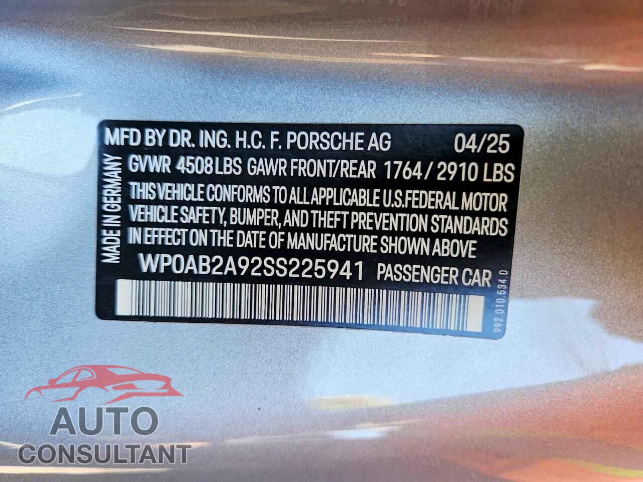 PORSCHE 911 2025 - WP0AB2A92SS225941