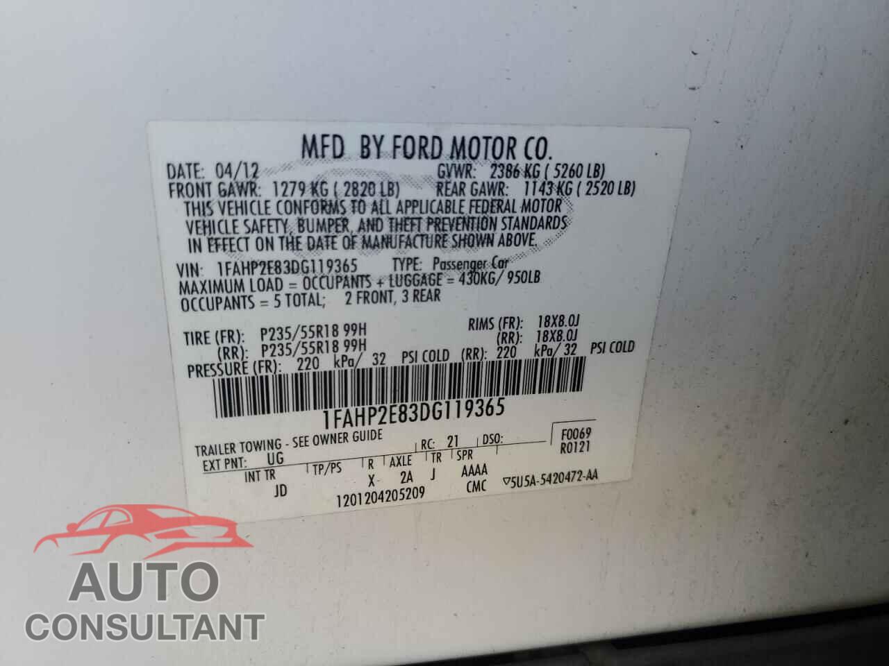 FORD TAURUS 2013 - 1FAHP2E83DG119365