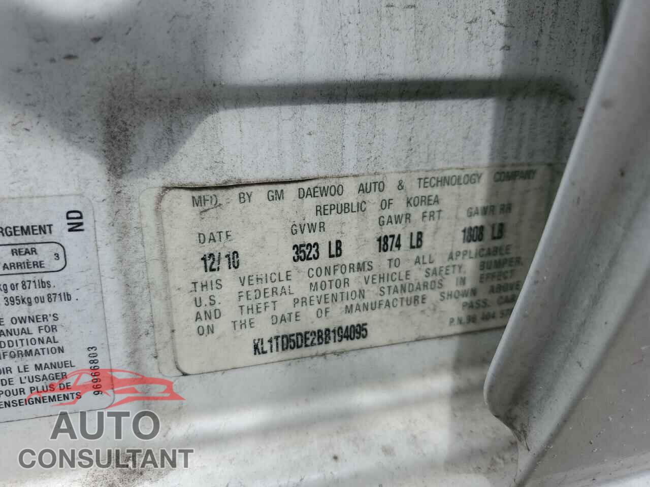 CHEVROLET AVEO 2011 - KL1TD5DE2BB194095