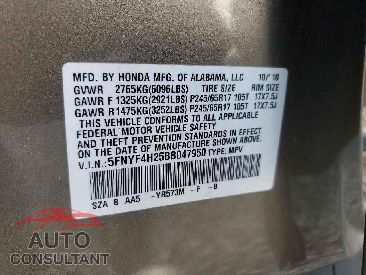 HONDA PILOT 2011 - 5FNYF4H25BB047950